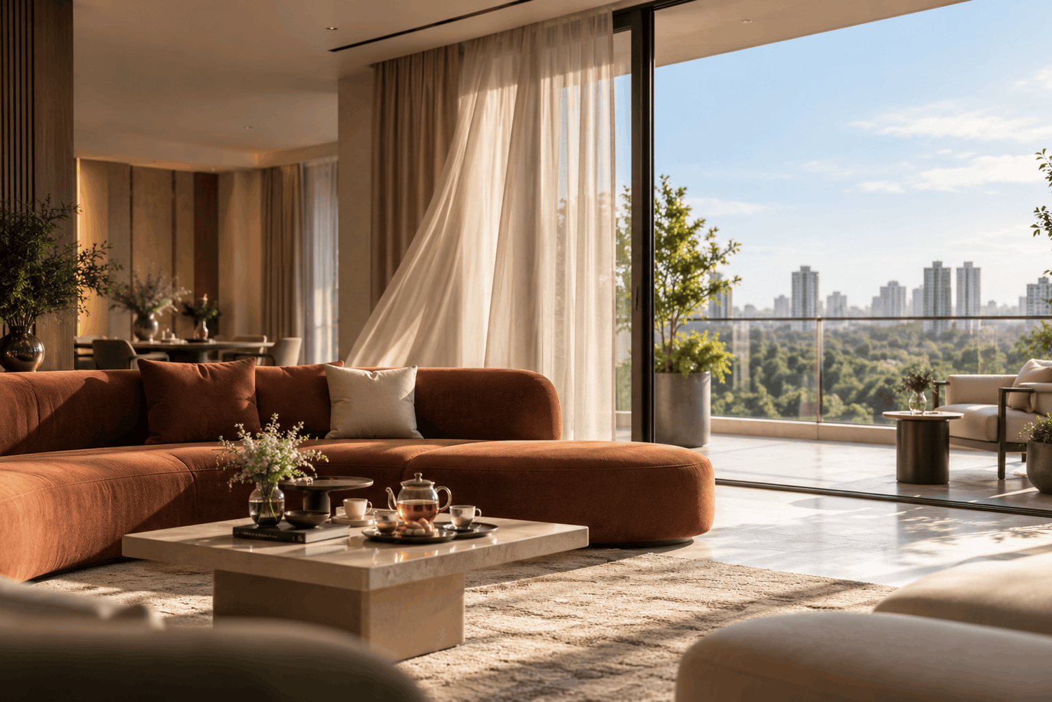 Couple enjoying city views from ARKA's ultra-luxury residence balcony